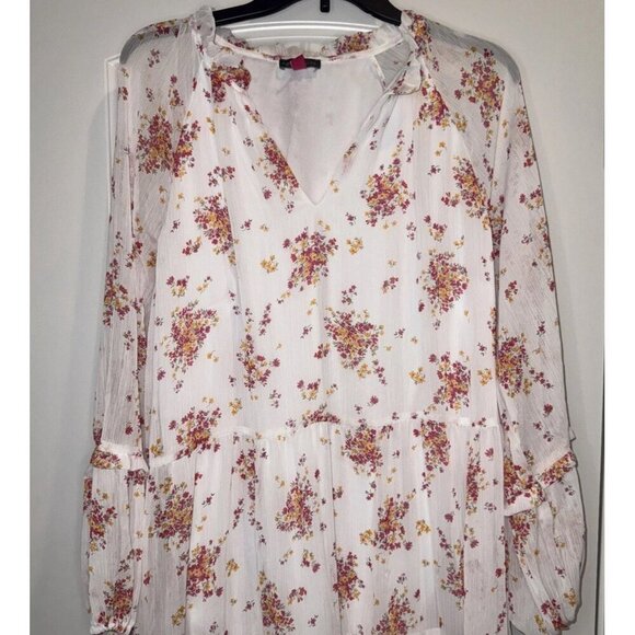 Vince Camuto Women’s White Pink Floral Tiered Long Sleeve Lined Mini Dress Sz XL - Picture 2 of 10